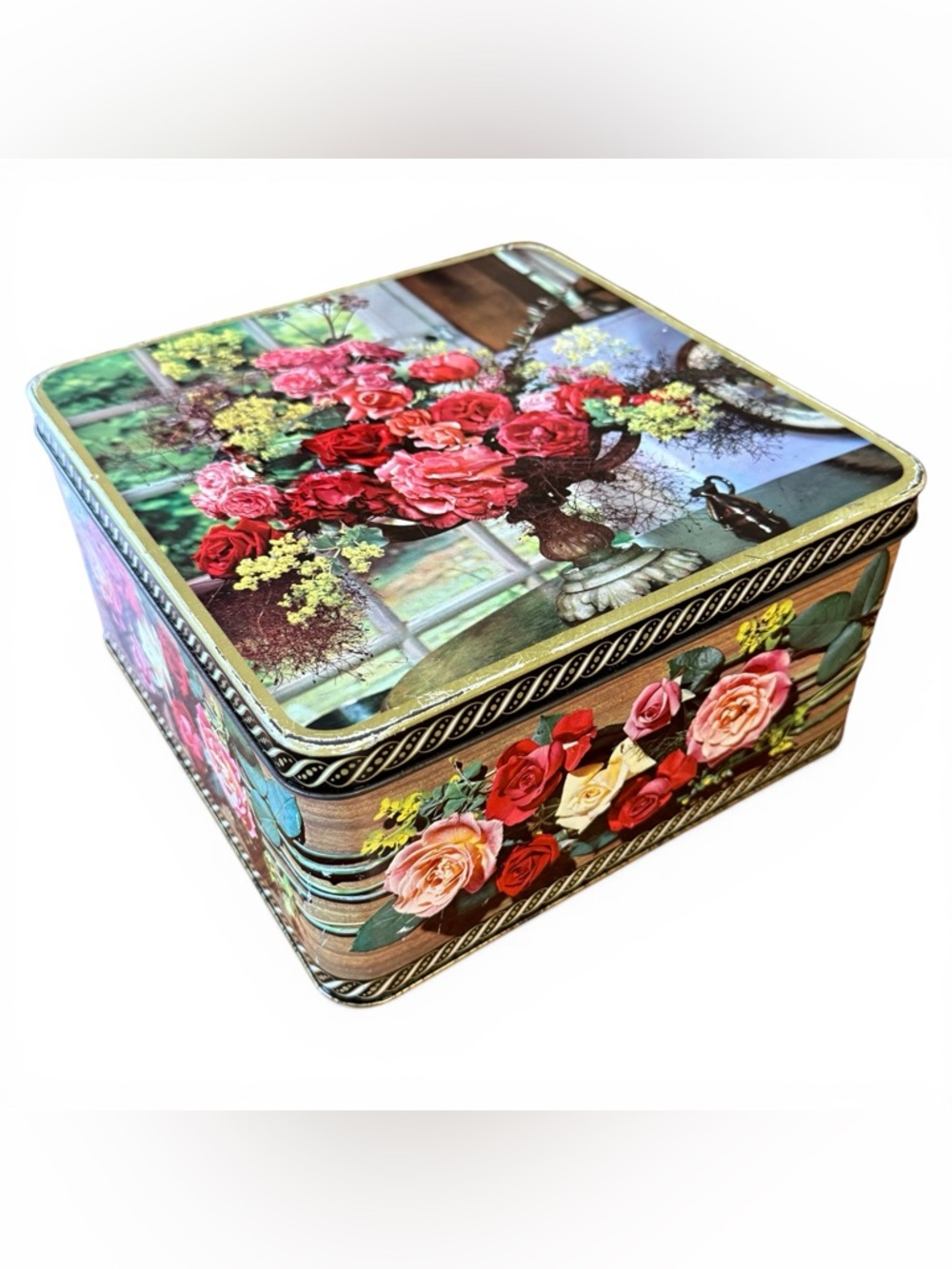 Vintage Peek Frean & Co London England Collectible Biscuit Tin Floral Red Gold